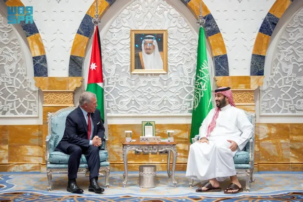 Prince Mohammed bin Salman bin Abdulaziz Al Saud, Saudi Crown Prince and Prime Minister, and Jordan's King Abdullah II meet in Jeddah on Monday. (SPA)