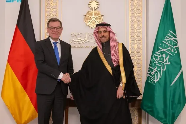 Saudi Minister of Foreign Affairs Prince Faisal bin Farhan bin Abdullah and his German counterpart Johann Wadephul meet in Riyadh on Tuesday. (SPA)