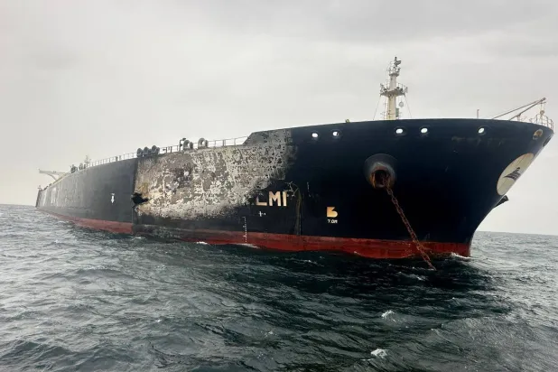 Damage to the Kuwait-flagged Al-Salmi crude oil tanker, following a reported strike, amid the US-Israeli conflict with Iran, March 31, 2026. (Kuwait Petroleum Corporation / Reuters)