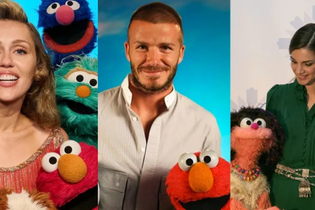 الملكة رانيا وديفيد بيكهام ومايلي سايرس مع شخصيات من «شارع سمسم» (موقع البرنامج)