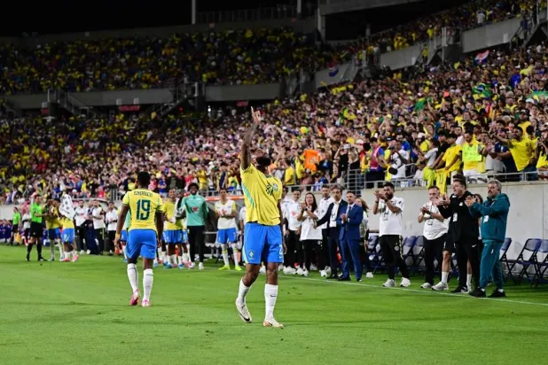 Igor Thiago of Brazil celebrates after scoring his team's second goal during the international friendly match between Brazil and Croatia at Camping World Stadium on March 31, 2026 in Orlando, Florida. (Getty Images/AFP)