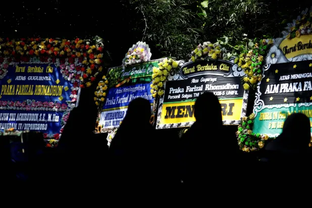  Wreaths as people visit to offer condolences for Praka Farizal Rhomadhon, a United Nations Interim Force in Lebanon (UNIFIL) peacekeeper killed following an Israeli strike on Sunday in southern Lebanon, in Kulon Progo regency, Yogyakarta, Indonesia, April 1, 2026. (Reuters)