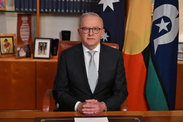 رئيس الوزراء الأسترالي أنتوني ألبانيزي في خطاب اليوم (رويترز)