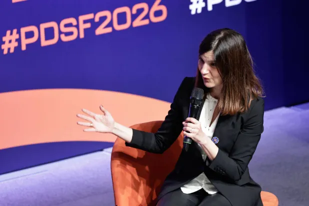 France's junior Minister for Veterans affairs Alice Rufo delivers remarks during the Paris Defense Strategy Forum at the Ecole Militaire (military school) in Paris on March 24, 2026. (Photo by STEPHANE DE SAKUTIN / AFP)