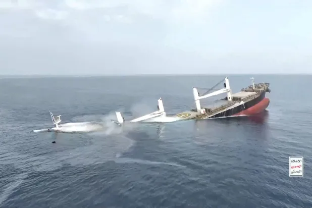 A vessel said to be Greek-operated, Liberia-flagged Eternity C sinks in a footage released by Yemen's Houthis, in the Red Sea, in this screen grab taken from a handout video released on July 9, 2025. (Handout via Reuters)