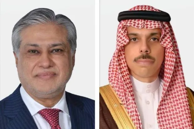 Saudi Minister of Foreign Affairs Prince Faisal bin Farhan bin Abdullah (R) and Minister of Foreign Affairs of Pakistan Ishaq Dar (L). (Saudi Ministry of Foreign Affairs)