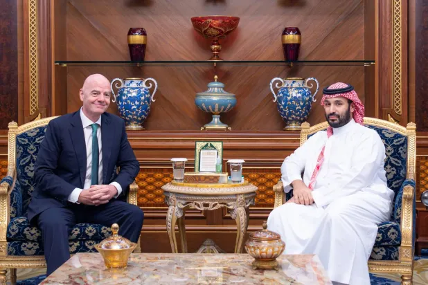 Saudi Crown Prince and Prime Minister Prince Mohammed bin Salman bin Abdulaziz Al Saud met with FIFA president Gianni Infantino. (SPA)