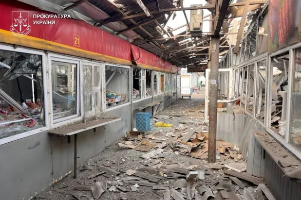 A street market hit by a Russian drone strike, amid Russia's attack on Ukraine, in Nikopol, Ukraine, April 4, 2026. (General Prosecutor's Office/Handout via Reuters) 