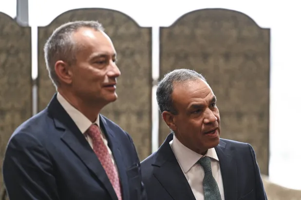 Egyptian Foreign Minister Badr Abdelatty (R) meets with Bulgarian diplomat and US-appointed High Representative for Gaza and Director General of the Board of Peace, Nikolay Mladenov, at the New Administrative Capital, east of Cairo, Egypt, 01 April 2026. (EPA)