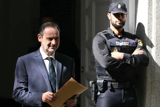 Former Spanish Minister of Transport Jose Luis Abalos leaves the Supreme Court following his appearance for alleged corruption in Madrid on October 15, 2025. (AFP)