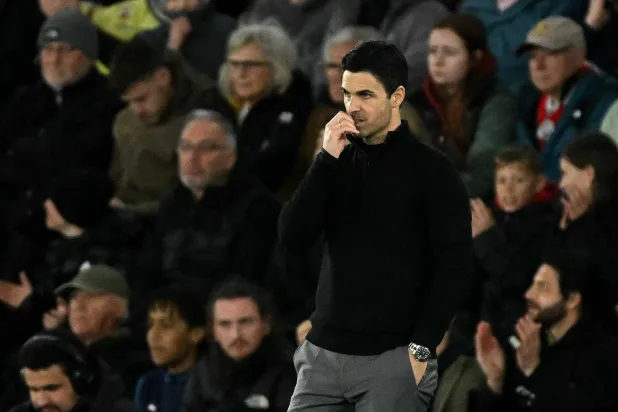 Arsenal's Spanish manager Mikel Arteta looks on during the English FA Cup quarter-final football match between Southampton and Arsenal at St Mary's Stadium in Southampton, southern England on April 4, 2026. (AFP)