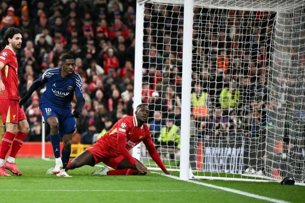 Ousmane Dembele celebrates after scoring for PSG against Liverpool at Anfield in the Champions League last season. Oli SCARFF / AFP/File
