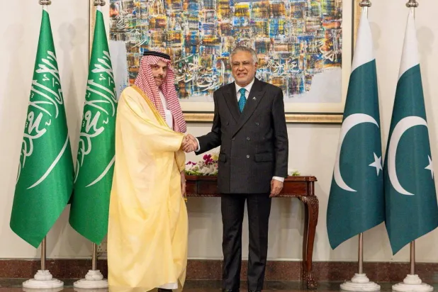 Saudi Minister of Foreign Affairs Prince Faisal bin Farhan bin Abdullah meets with Pakistan's Deputy Prime Minister and Minister for Foreign Affairs Senator Mohammad Ishaq Dar at the Ministry of Foreign Affairs on the day Pakistan hosts talks with the Foreign Ministers of Saudi Arabia, Egypt and Türkiye to discuss regional de-escalation, amid the US-Israel conflict with Iran, in Islamabad, Pakistan, March 29, 2026. (SPA) 