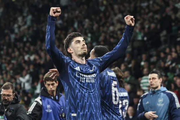Arsenal's Kai Havertz celebrates after scoring the 0-1 goal during the UEFA Champions League quarter-final first leg soccer match between Sporting CP and Arsenal FC at Jose Alvalade Stadium in Lisbon, Portugal, 07 April 2026. (EPA)