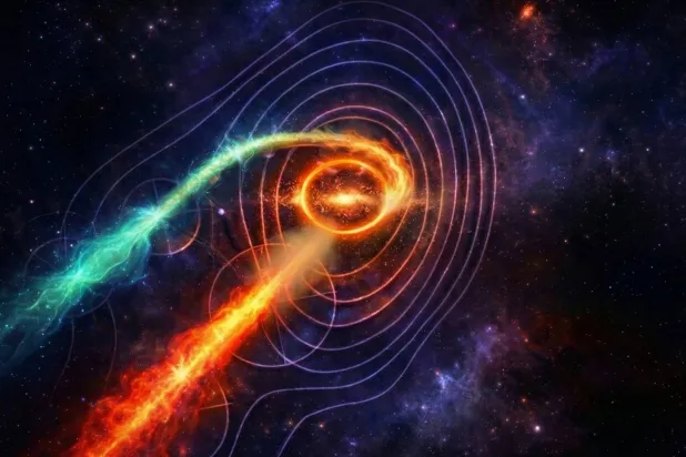 تصور فني يظهر مركز مجرة «ماركاريان 501» حيث ينبعث منها نفاثتان قويتان (مرصد هون - رين كونكولي)