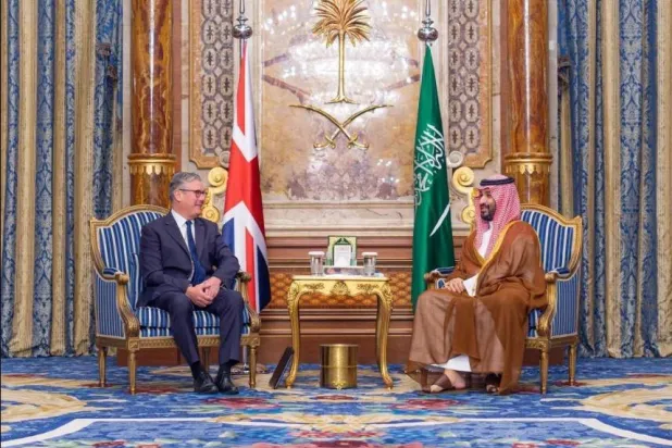 Saudi Crown and Prime Minister Prince Mohammed bin Salman bin Abdulaziz Al Saud meets with British PM Keir Starmer in Jeddah. SPA