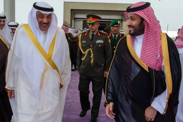 Saudi Crown Prince Mohammed bin Salman receives his Kuwaiti counterpart Sheikh Sabah Khaled Al-Hamad Al-Sabah during a previous visit to Jeddah (SPA)
