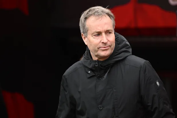 Bayer Leverkusen's Danish head coach Kasper Hjulmand looks on ahead the German first division Bundesliga football match between Bayer leverkusen and VfL Wolfsburg in Leverkusen on April 4, 2026. (Photo by INA FASSBENDER / AFP) 