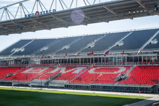 The newly completed 7,000 seats (grey area) in the south end of BMO Field are shown as part of the stadium's upgrades ahead of hosting six FIFA World Cup 2026 soccer matches in Toronto, March 24, 2026. (Eduardo Lima/The Canadian Press via AP)