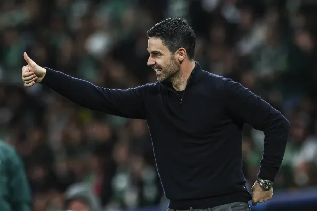Arsenal head coach Mikel Arteta gives thumbs up during the UEFA Champions League quarter-final first leg soccer match between Sporting CP and Arsenal FC at Jose Alvalade Stadium in Lisbon, Portugal, 07 April 2026. (EPA)
