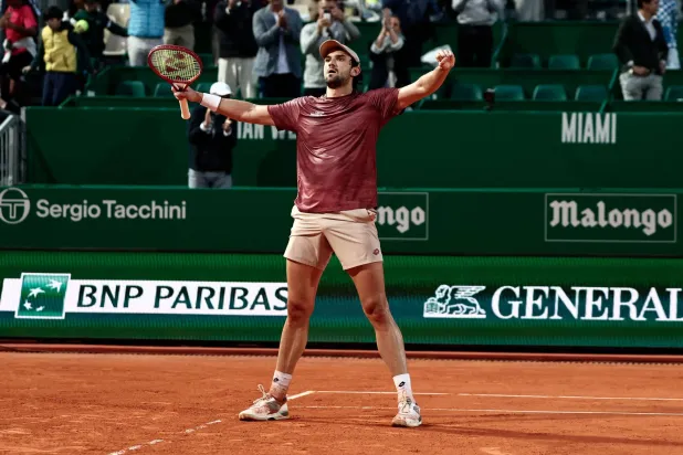 Monaco's Valentin Vacherot celebrates after winning against Australia's Alex De Minaur during the Monte Carlo ATP Masters Series Tournament quarter final tennis match on Court Rainier III at the Monte-Carlo Country Club in Roquebrune-Cap-Martin, south-eastern France on April 10, 2026. (AFP) 