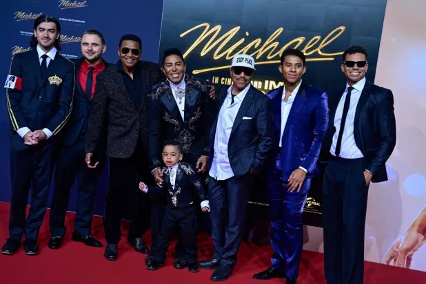 Family members including (L-R) US filmmaker and son of Michael Jackson Bigi Jackson, US singer and son of Michael Jackson Prince Jackson, US singer Jackie Jackson, US singer Jermaine Jackson, US singer Marlon Jackson pose for photographers as they arrive on the red carpet for the world premiere of the Michael Jackson biopic "Michael" at the Uber Eats Music Hall in Berlin on April 10, 2026. (AFP)