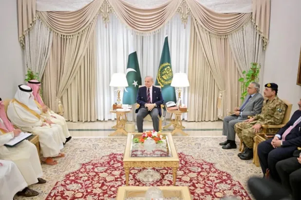Pakistani Prime Minister Shehbaz Sharif meets Saudi Finance Minister Mohammed al-Jadaan (Government of Pakistan)