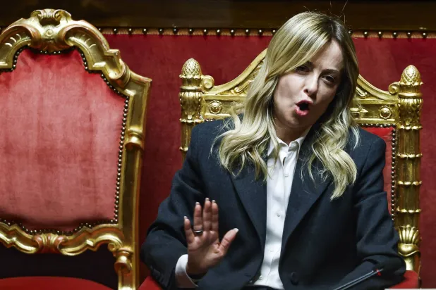 Italian Prime Minister Giorgia Meloni gestures in the Senate chamber during the briefing to Parliament on the government's activities in Rome, Italy, 09 April 2026. (EPA)