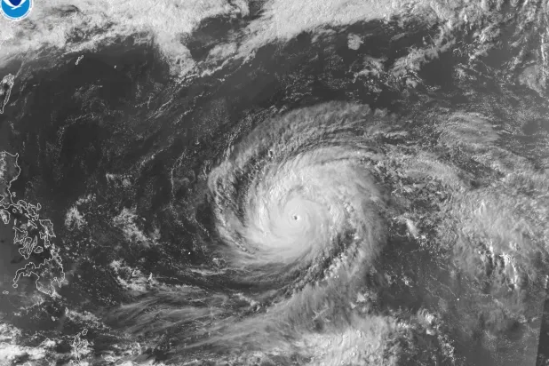  This satellite image provided by the National Oceanographic and Atmospheric Administration (NOAA) shows Super Typhoon Sinlaku in the Pacific Ocean, Monday, April 13, 2026. (NOAA via AP) 