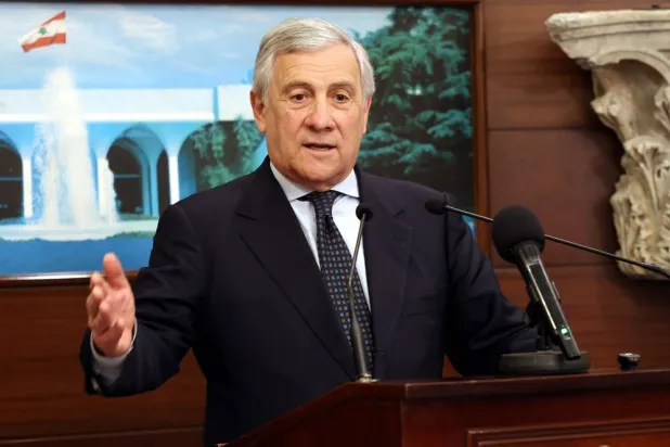 A handout photo made available by the Lebanese Presidency press office shows Italy's Minister for Foreign Affairs Antonio Tajani speaking during a news conference after a meeting with Lebanese President Joseph Aoun (not pictured) at the Presidential Palace in Baabda, east of Beirut, Lebanon, 13 April 2026. (EPA/Lebanese Presidency)