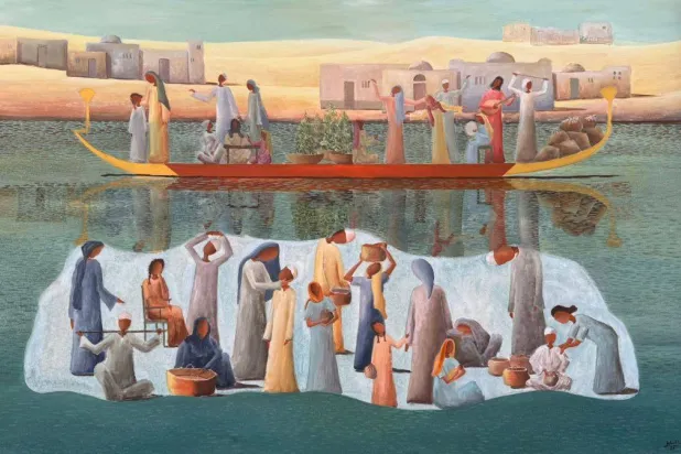 لوحات الفنانة تحمل زخماً في الألوان والشخوص والرموز (الشرق الأوسط)