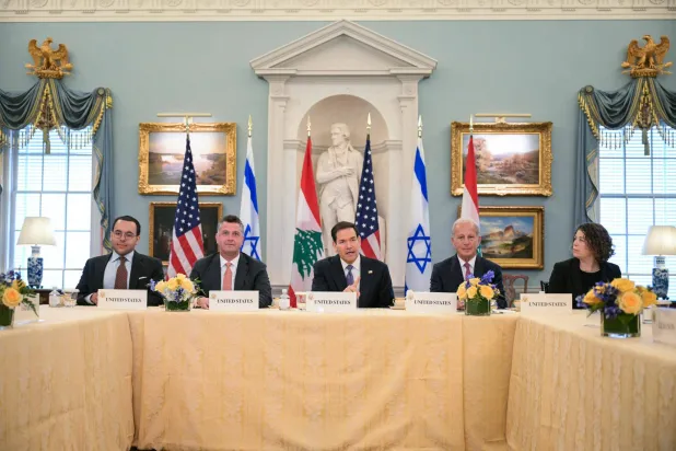 US Secretary of State Marco Rubio (C), alongside US State Department Counselor Michael Needham (2L) and US Ambassador to Lebanon Michel Issa (2R), speaks during a meeting with Lebanon's Ambassador to the US Nada Hamadeh Moawad (out of frame) and Israeli Ambassador to the US Yechiel Leiter (out of frame) at the State Department in Washington, DC, on April 14, 2026. (AFP)
