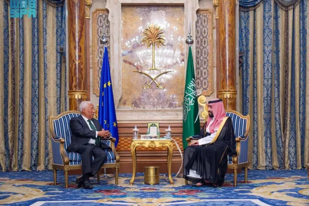 Prince Mohammed bin Salman bin Abdulaziz Al Saud, Saudi Crown Prince and Prime Minister, and President of the European Council Antonio Costa meet in Jeddah on Tuesday. (SPA)