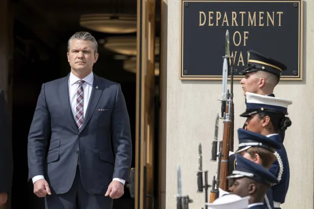Defense Secretary Pete Hegseth welcomes Minister of Defense for Indonesia Sjafrie Sjamsoeddin to the Pentagon, Monday, April 13, 2026 in Washington. (AP Photo/Kevin Wolf)