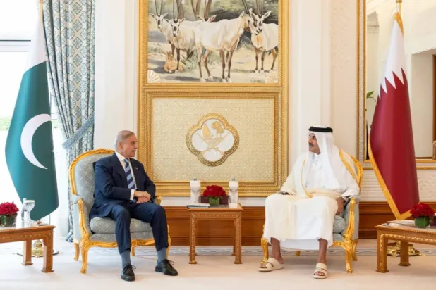 The Emir of Qatar, Sheikh Tamim bin Hamad Al Thani meets Pakistan’s Prime Minister Shehbaz Sharif in Doha, Qatar, April 16, 2026. (QNA)
