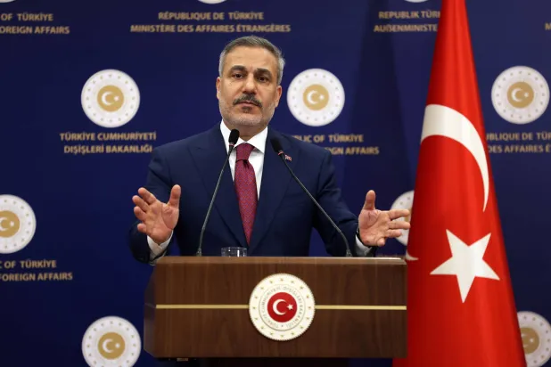 Turkish Foreign Minister Minister Hakan Fidan speaks during a joint press conference with Syrian Foreign Minister Minister Asaad al-Shaibani (not seen) after their meeting in Ankara, Türkiye, 09 April 2026.  EPA/NECATI SAVAS