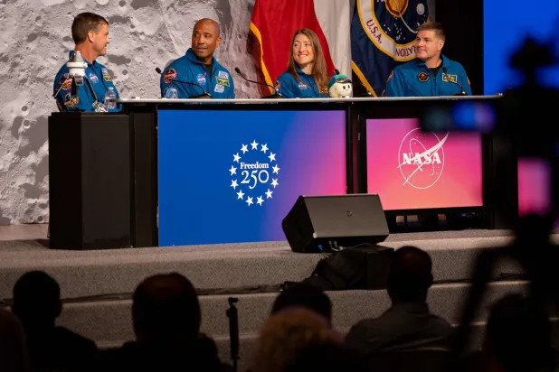 HOUSTON, TEXAS - APRIL 16: Artemis II Commander Reid Wiseman, Pilot Victor Glover, Mission Specialist Christina Koch, and Mission Specialist Jeremy Hansen speak during a press conference at the NASA Johnson Space Center on April 16, 2026 in Houston, Texas. Danielle Villasana/Getty Images/AFP
