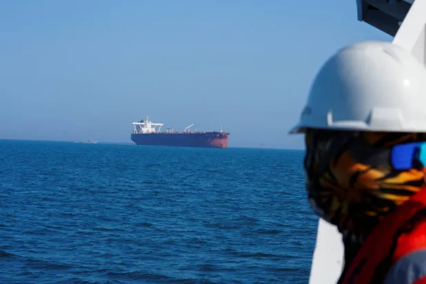 The Malta-flagged tanker Agios Fanourios I, an oil tanker that sailed through the Strait of Hormuz, arrives in Iraq’s territorial waters off Basra, Iraq April 17, 2026. (Reuters) 