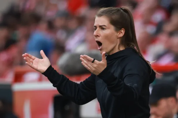 Union’s new head coach Marie-Louise Eta reacts during the Bundesliga soccer match 1. FC Union Berlin and VfL Wolfsburg in Berlin, Germany, 18 April 2026.  EPA/CLEMENS BILAN