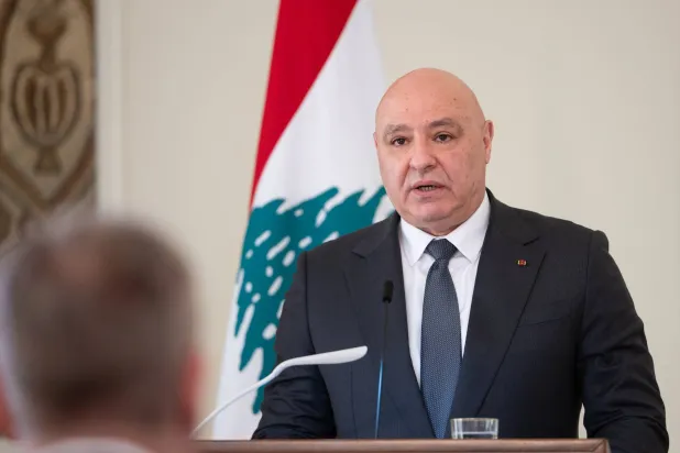 FILED - 16 February 2026, Lebanon, Beirut: Lebanese President Joseph Aoun speaks during a joint press conference with German President Steinmeier (not pictrued) at the presidential palace. Photo: Markus Lenhardt/dpa