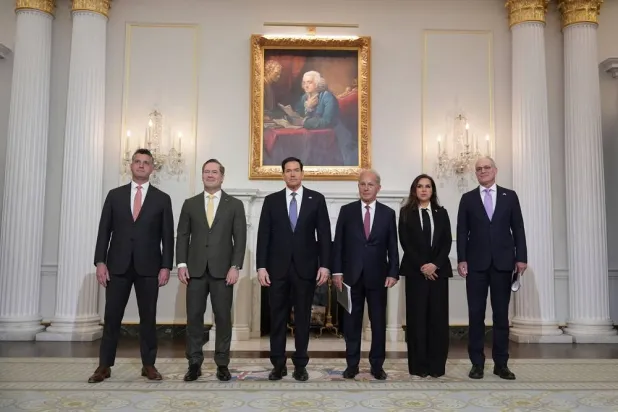 From left, Michael Needham, counselor for the US Dept. of State, US Ambassador to the United Nations Mike Waltz, Secretary of State Marco Rubio, US Ambassador to Lebanon Michel Issa, Lebanese Ambassador to the US Nada Hamadeh Moawad, and Israeli Ambassador to the US Yechiel Leiter pose for a photo before a meeting at the State Department in Washington, Tuesday, April 14, 2026. (AP) 
