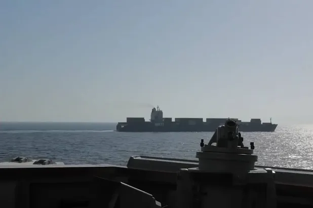 A view of Iranian-flagged cargo ship M/V Touska as the US Navy Arleigh Burke-class Aegis guided missile destroyer USS Spruance conducts its interception in a location given as the north Arabian Sea, in this screen capture from a video released April 19, 2026. (CENTCOM/Handout via Reuters)