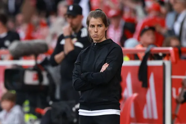 Union’s new head coach Marie-Louise Eta reacts during the Bundesliga soccer match 1. FC Union Berlin and VfL Wolfsburg in Berlin, Germany, 18 April 2026. (EPA) 