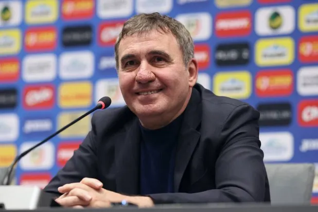 Gheorghe Hagi attends a press conference after being appointed as the new manager of the Romanian national team, in Bucharest, Romania, April 20, 2026. (EPA) 
