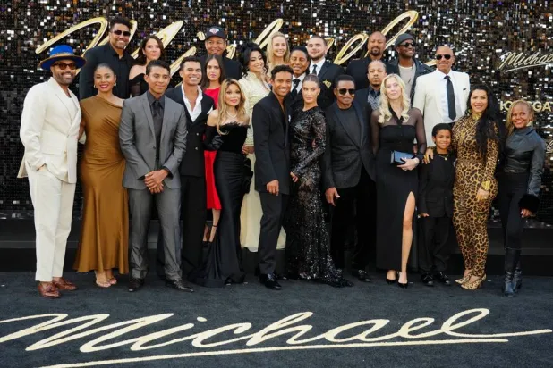 Genevieve Jackson Huguely, from left, TJ Jackson, Jermajesty Jackson, Frances Jackson, Randall Jackson Jr, Tarianno "Taj" Jackson, La Toya Jackson, Jaafar Jackson, Molly Schirmang, Jermaine Jackson, Maddie Simpson, Prince Jackson, Jackie Jackson, Jaimy Jackson, Austin Brown, Marlon Jackson, Asa Soltan and Autumn Jackson arrive at the premiere of "Michael" on Monday, April 20, 2026, at the Dolby Theatre in Los Angeles. (AP) 
