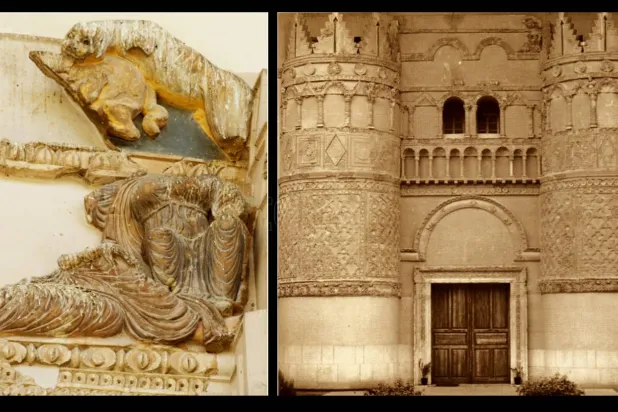 واجهة قصر الحير الغربي مع تفصيل يكشف عن بعض من عناصره التصويرية