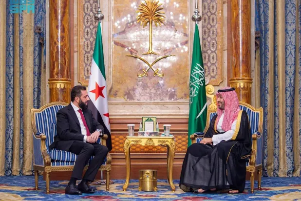 Prince Mohammed bin Salman bin Abdulaziz Al Saud, Crown Prince and Prime Minister, and Syrian President Ahmed al-Sharaa meet in Jeddah on Tuesday. (SPA) 