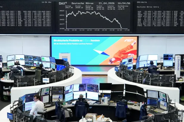 رسم بياني لمؤشر الأسهم الألماني «داكس» ببورصة فرنكفورت (رويترز)