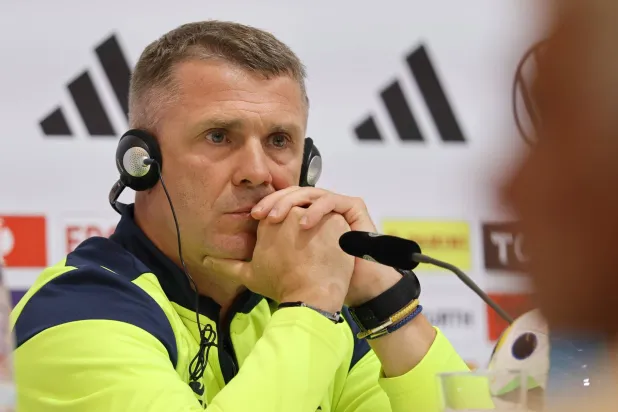 Ukraine national soccer team head coach Serhiy Rebrov attends a press conference in Herzogenaurach, Germany, 02 June 2024. EPA/RONALD WITTEK