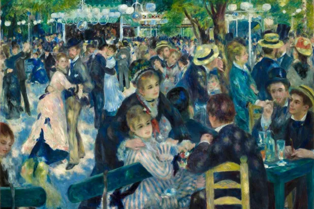 في لوحاته عن الحفلات التي كانت تقام في الهواء الطلق يجسد رينوار الرقة في التعاملات ورغد العيش (متحف أورساي)